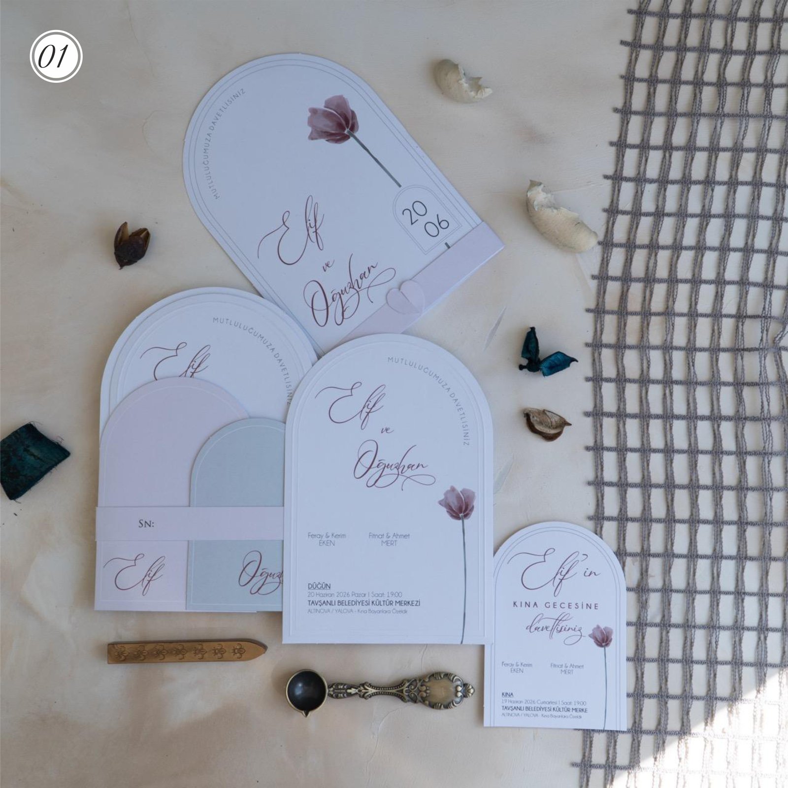 2733_Oval_Boho_Davetiye-1 Oval Kesim Davetiye Çiçekli - Görsel 1