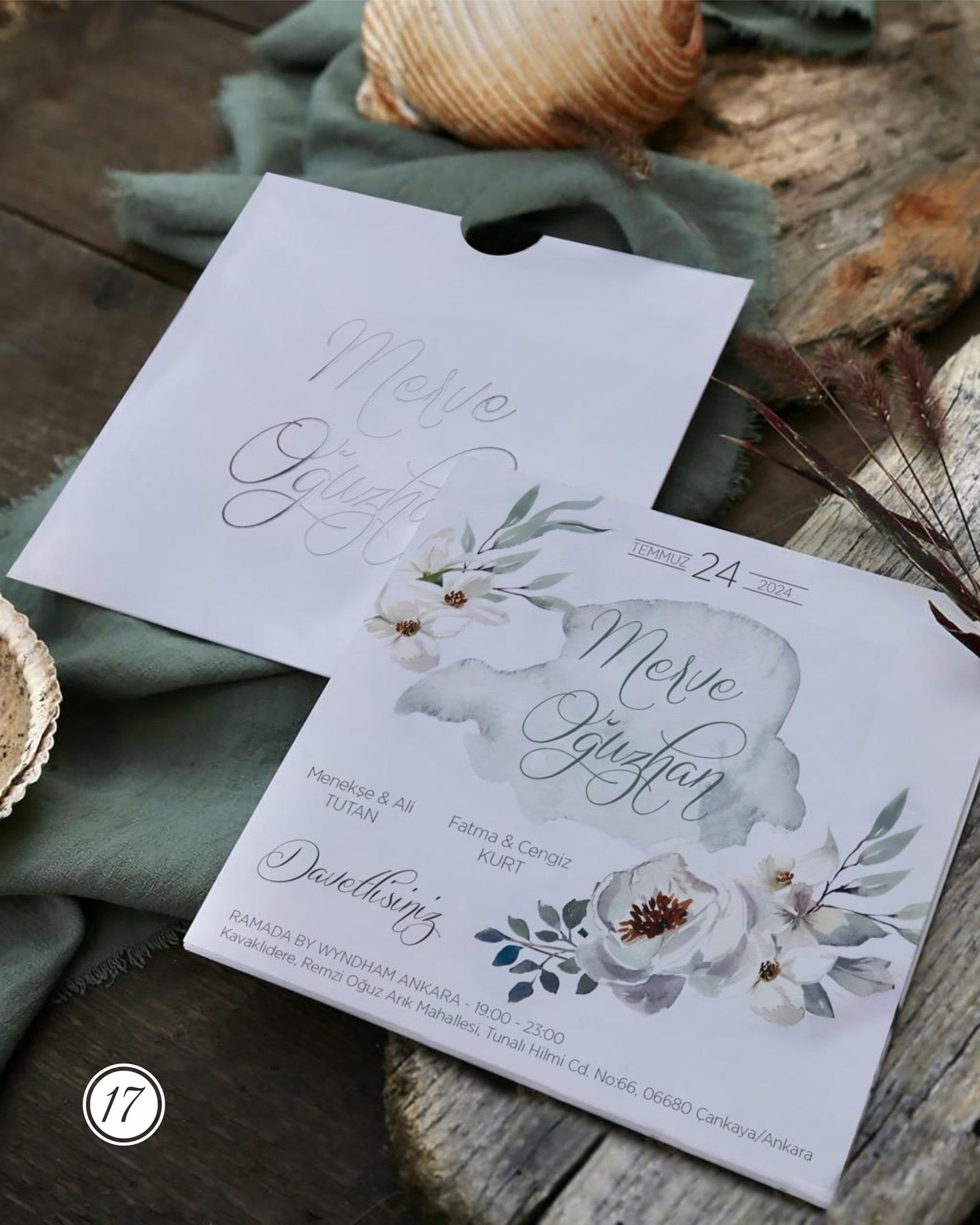 2323_Yaldızlı_Davetiye-1 Kare Çiçekli Davetiye - Görsel 1